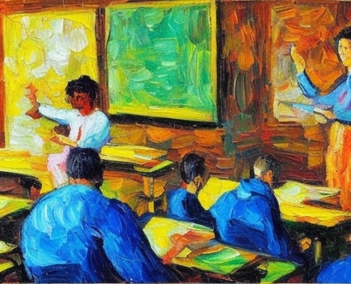 A young physics teacher in a technologically advanced classroom - oil painting