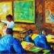 A young physics teacher in a technologically advanced classroom - oil painting