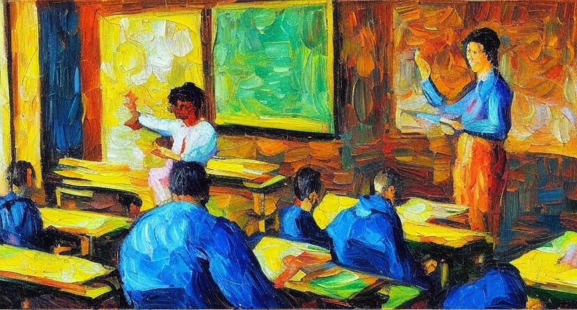 A young physics teacher in a technologically advanced classroom - oil painting