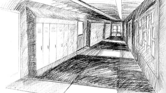 school hallway - pencil 16x9 A pencil drawing of a school hallway
