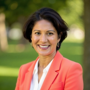 Hansa Kaipa Smiling woman with short dark hair in a coral blazer outdoors, park background